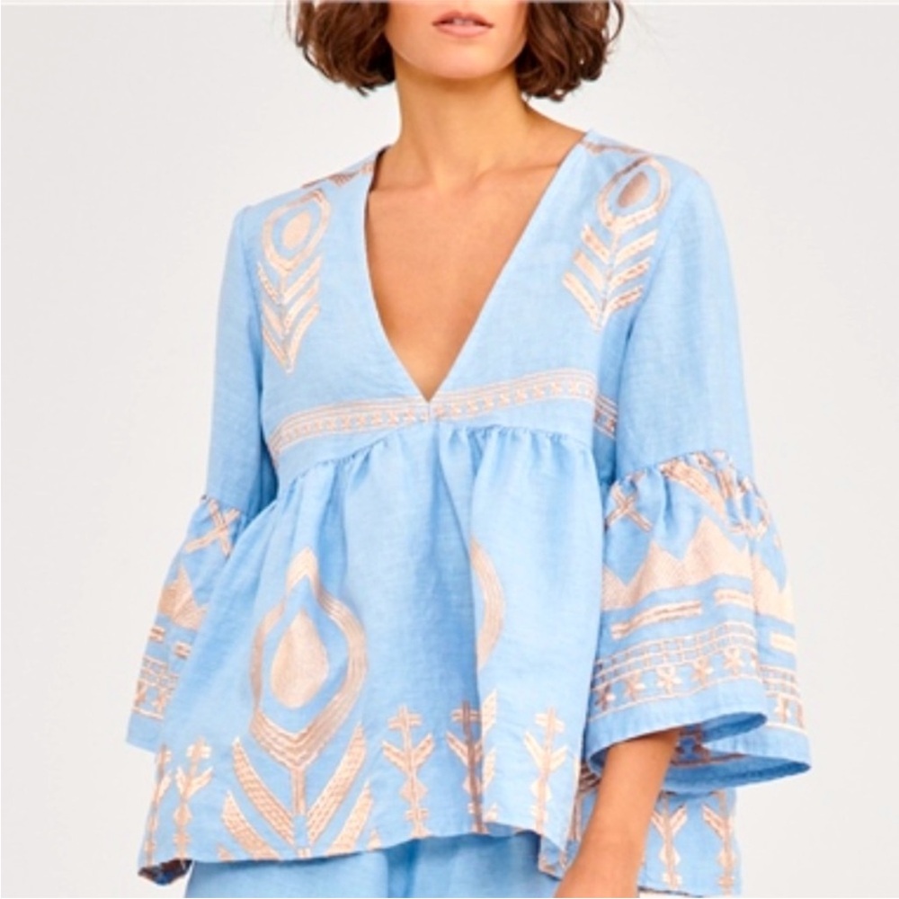Greek Archaic Kori 100% Linen Top blue gold - Picture 3 of 10
